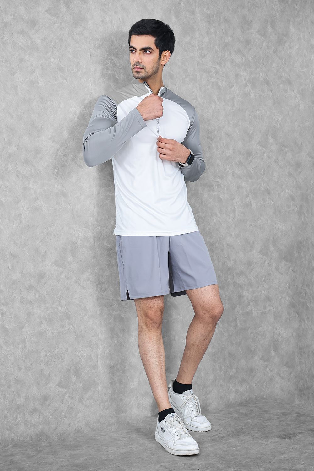 Active Two-Tone 1/4 zip & Shorts Set- White/Grey & Grey