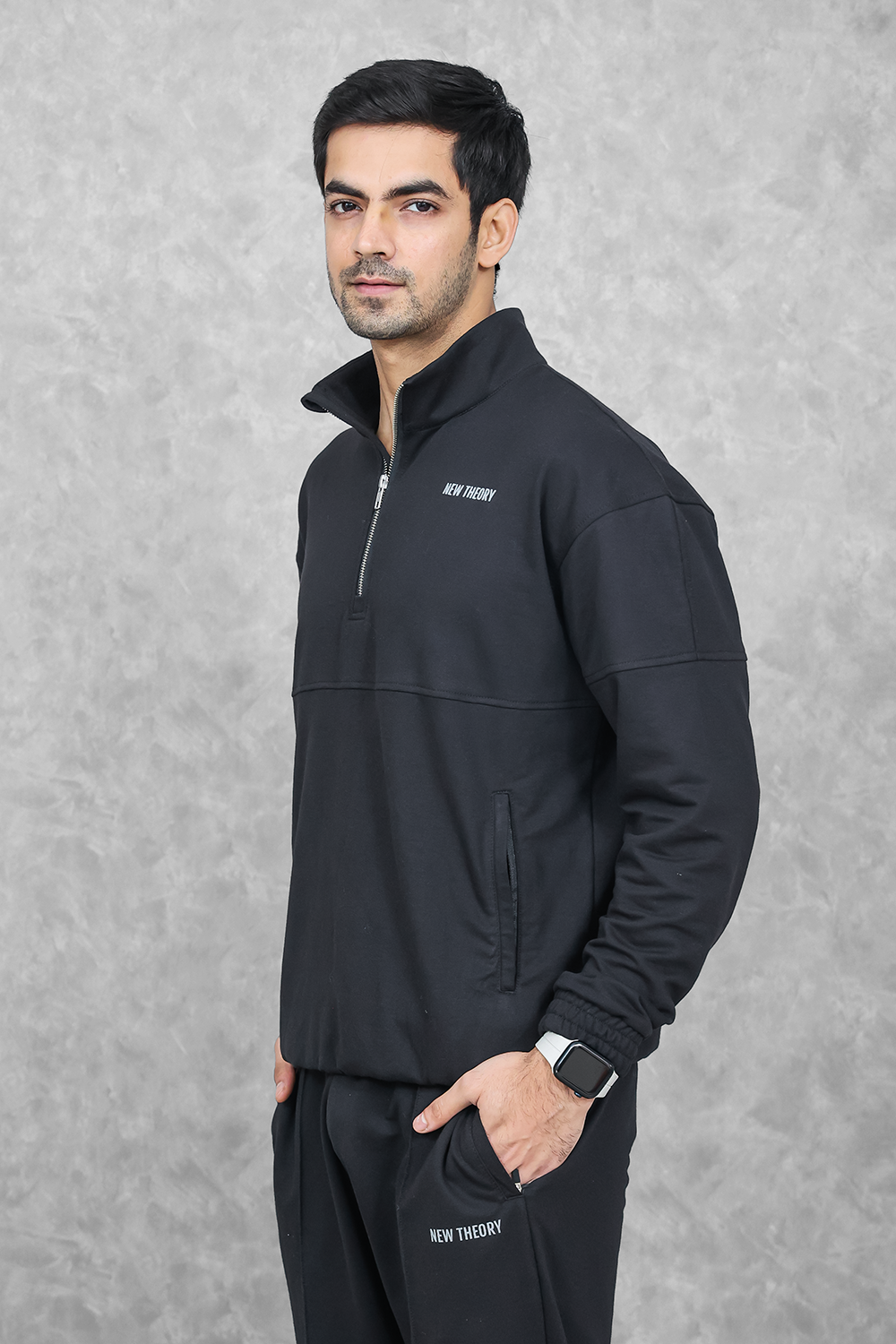 Studio Straight Fit Quarter Zip Jacket- Charcoal Black