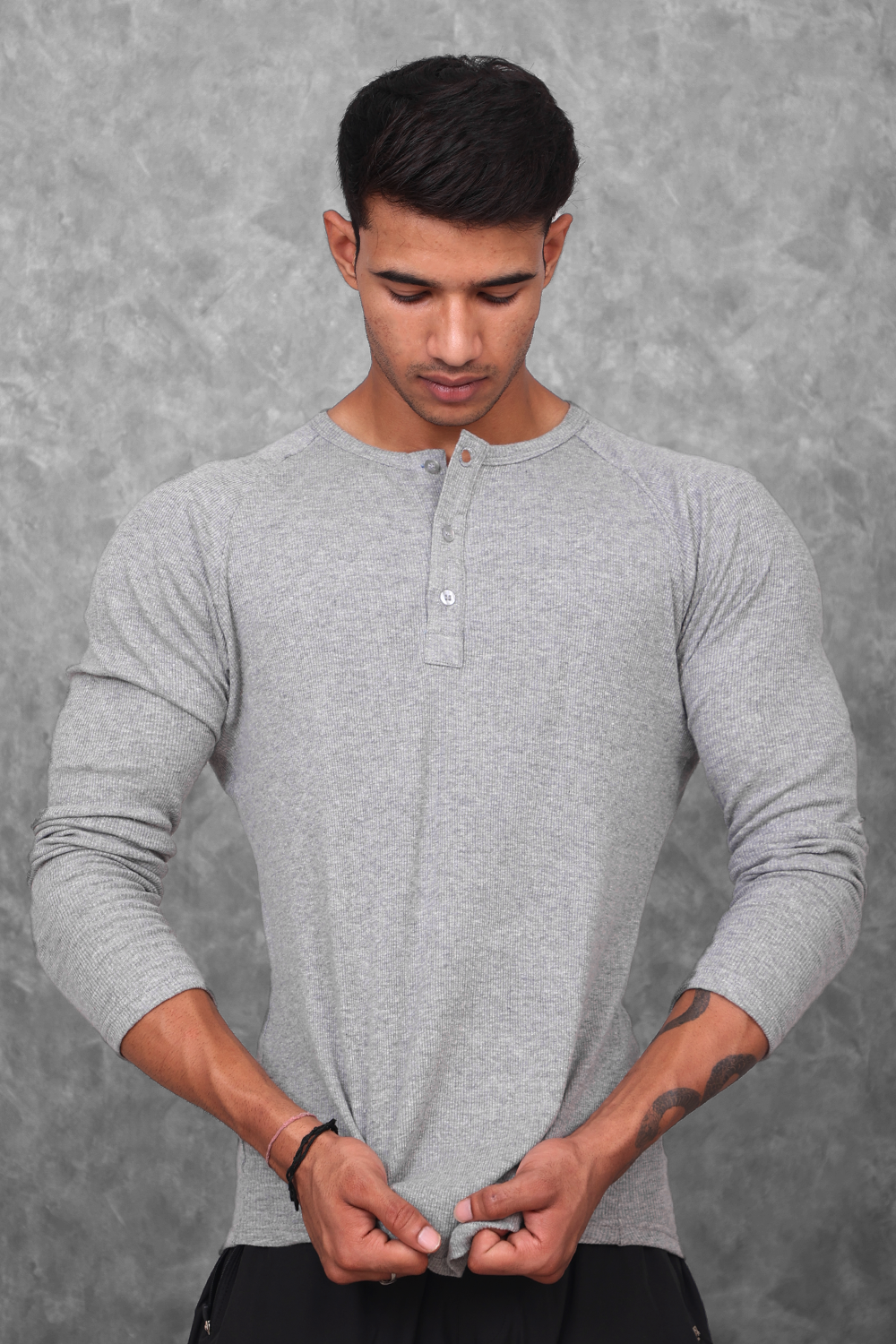 Muscle Up- Ribbed Henley T-shirts - Grey