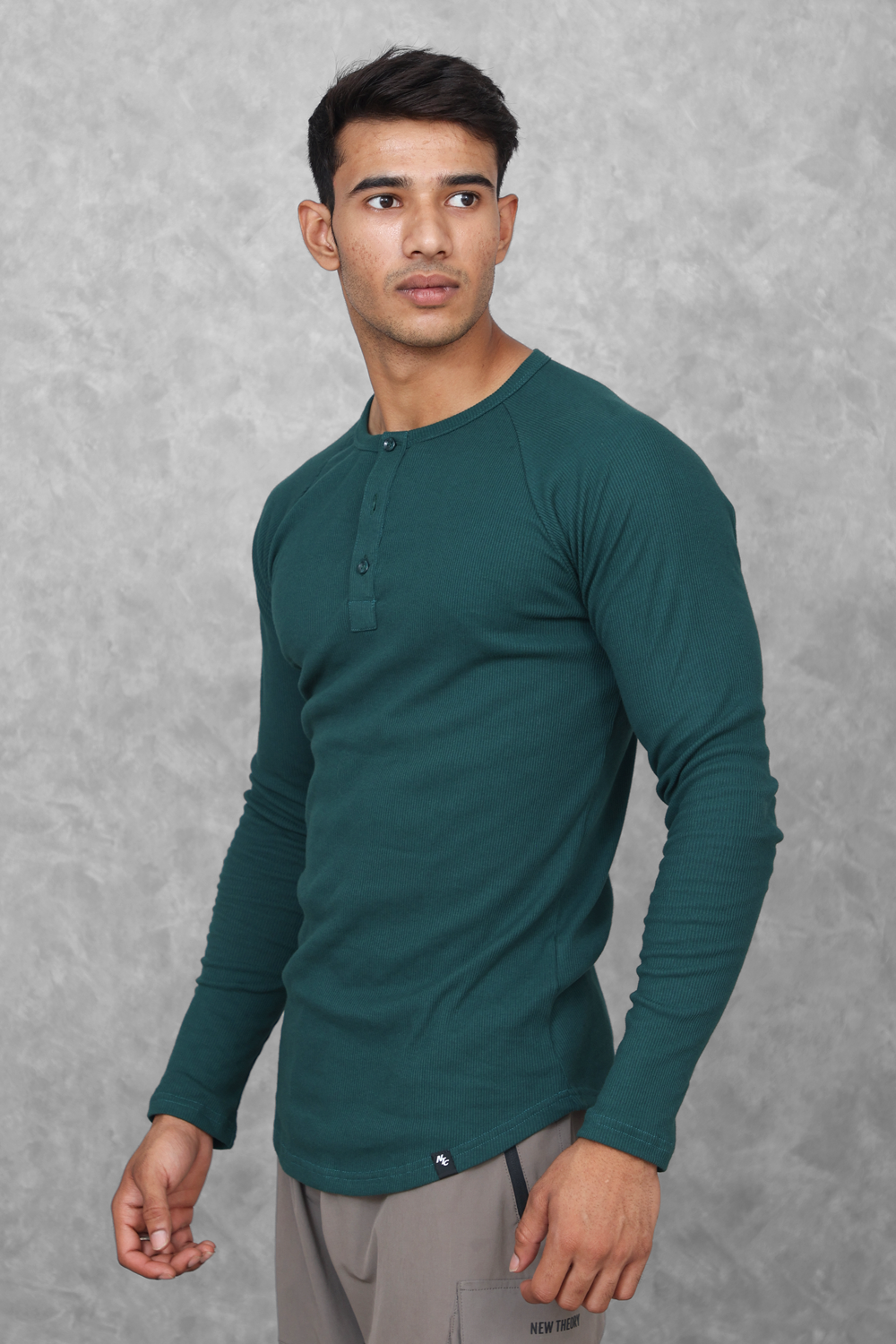 Muscle Up- Ribbed Henley T-shirts - Green