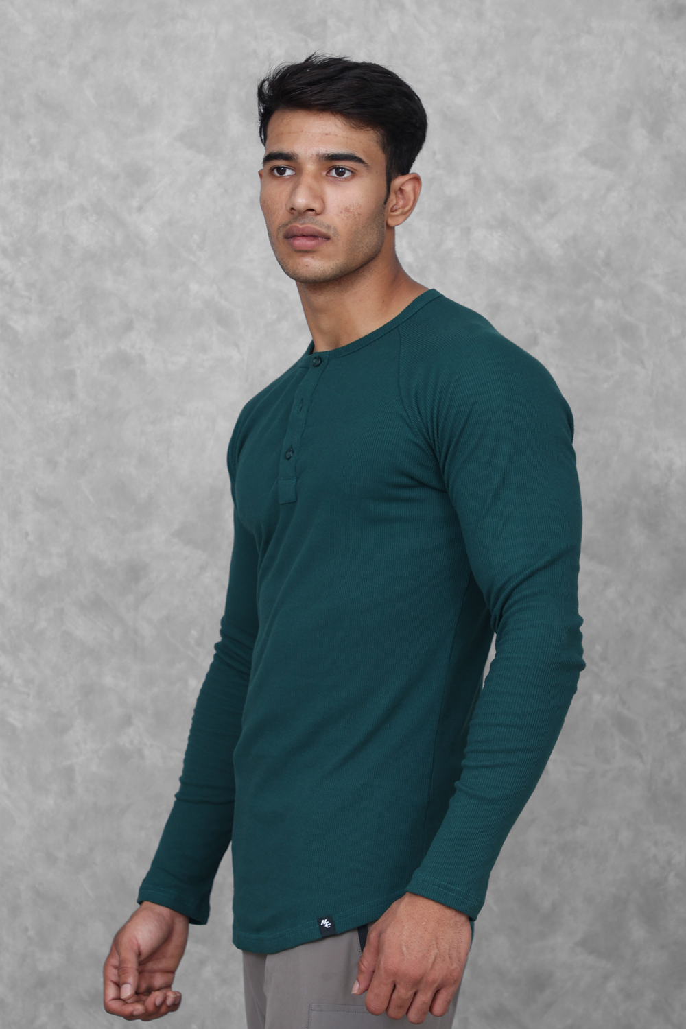 Muscle Up- Ribbed Henley T-shirts - Green