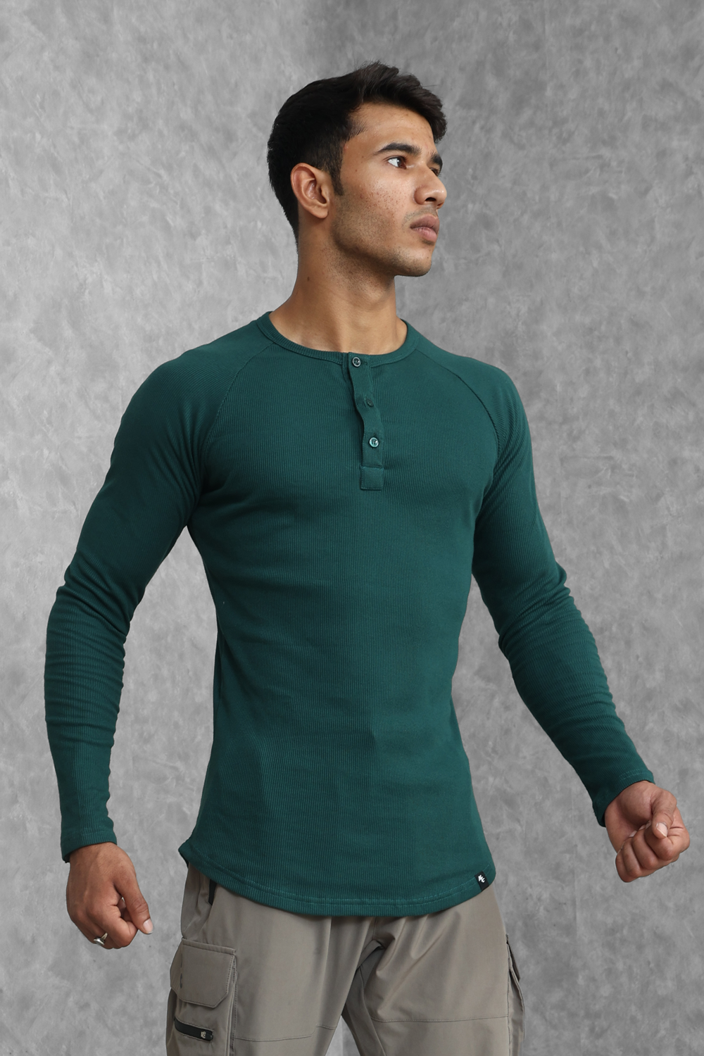 Muscle Up- Ribbed Henley T-shirts - Green