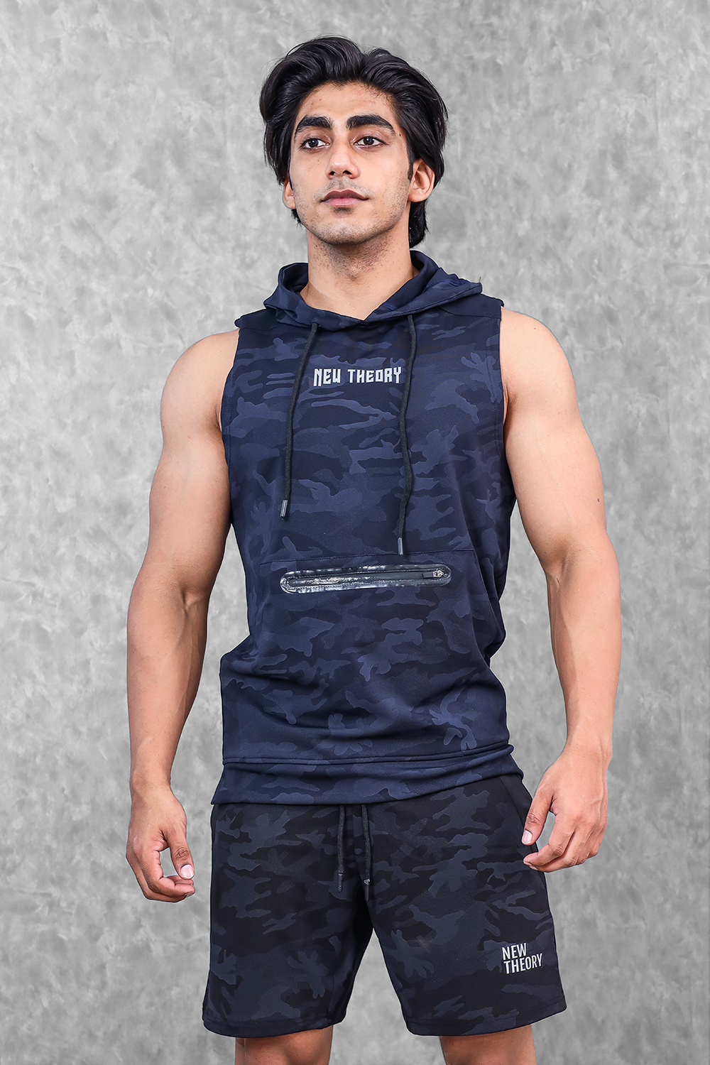 Camo Sleeveless Hoodie- Navy