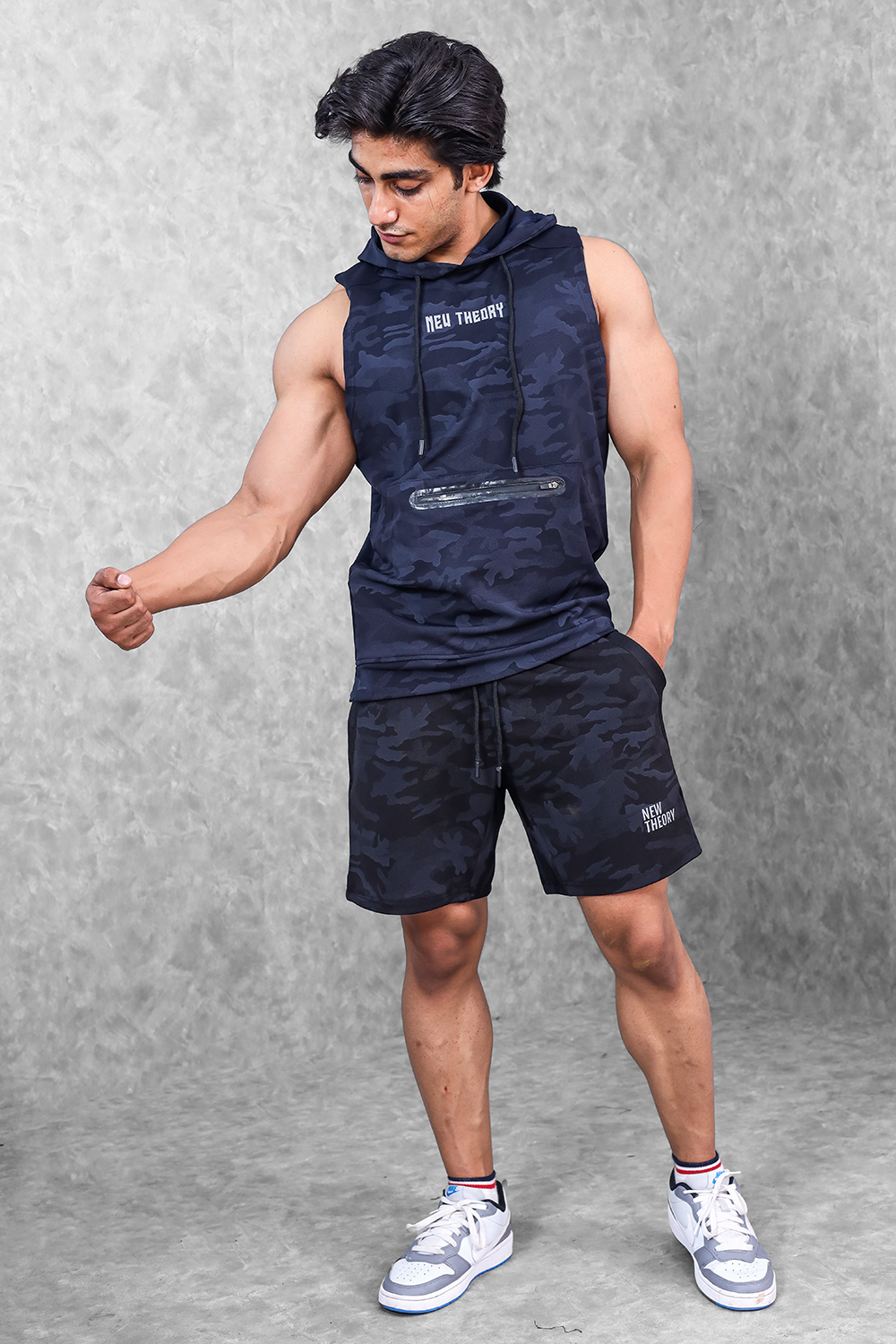 Camo Sleeveless Hoodie- Navy