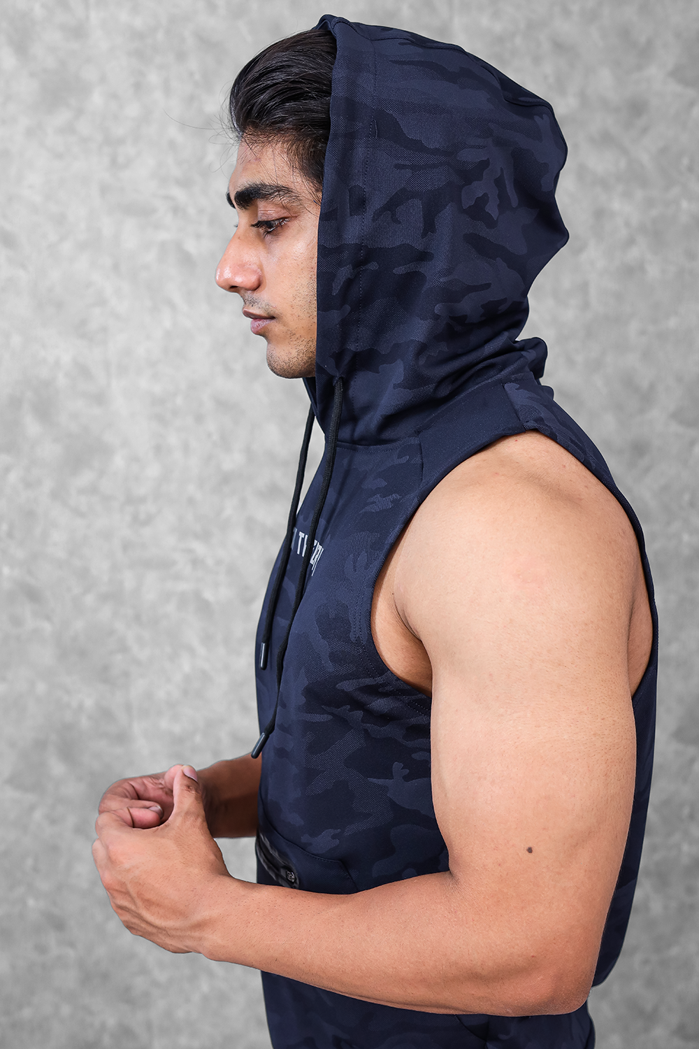 Camo Sleeveless Hoodie- Navy