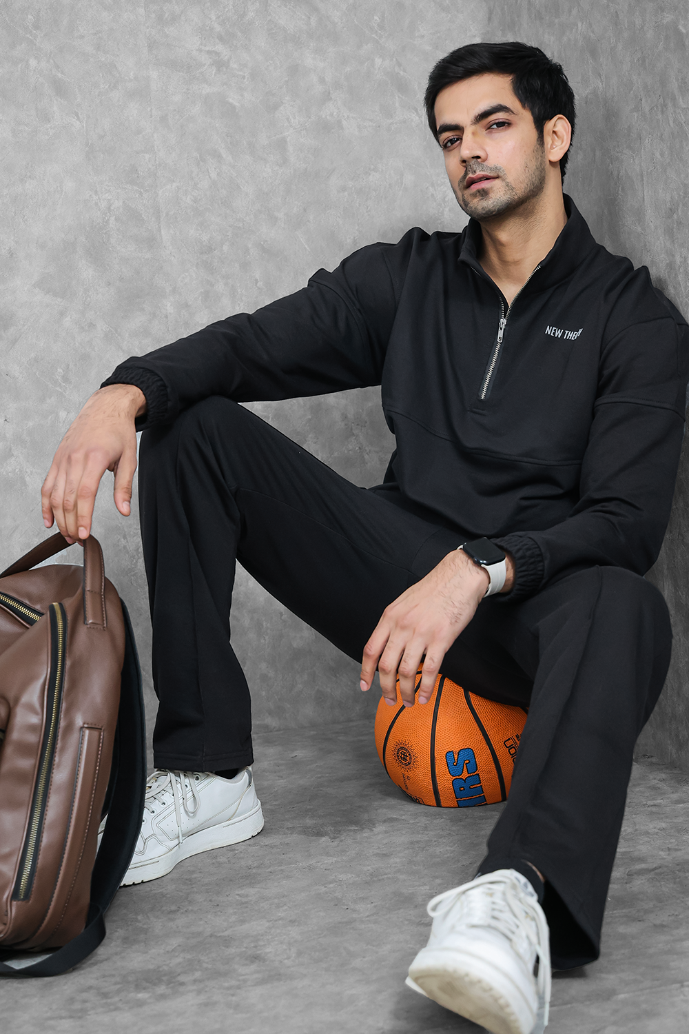 Studio Straight Fit Quarter Zip Jacket- Charcoal Black