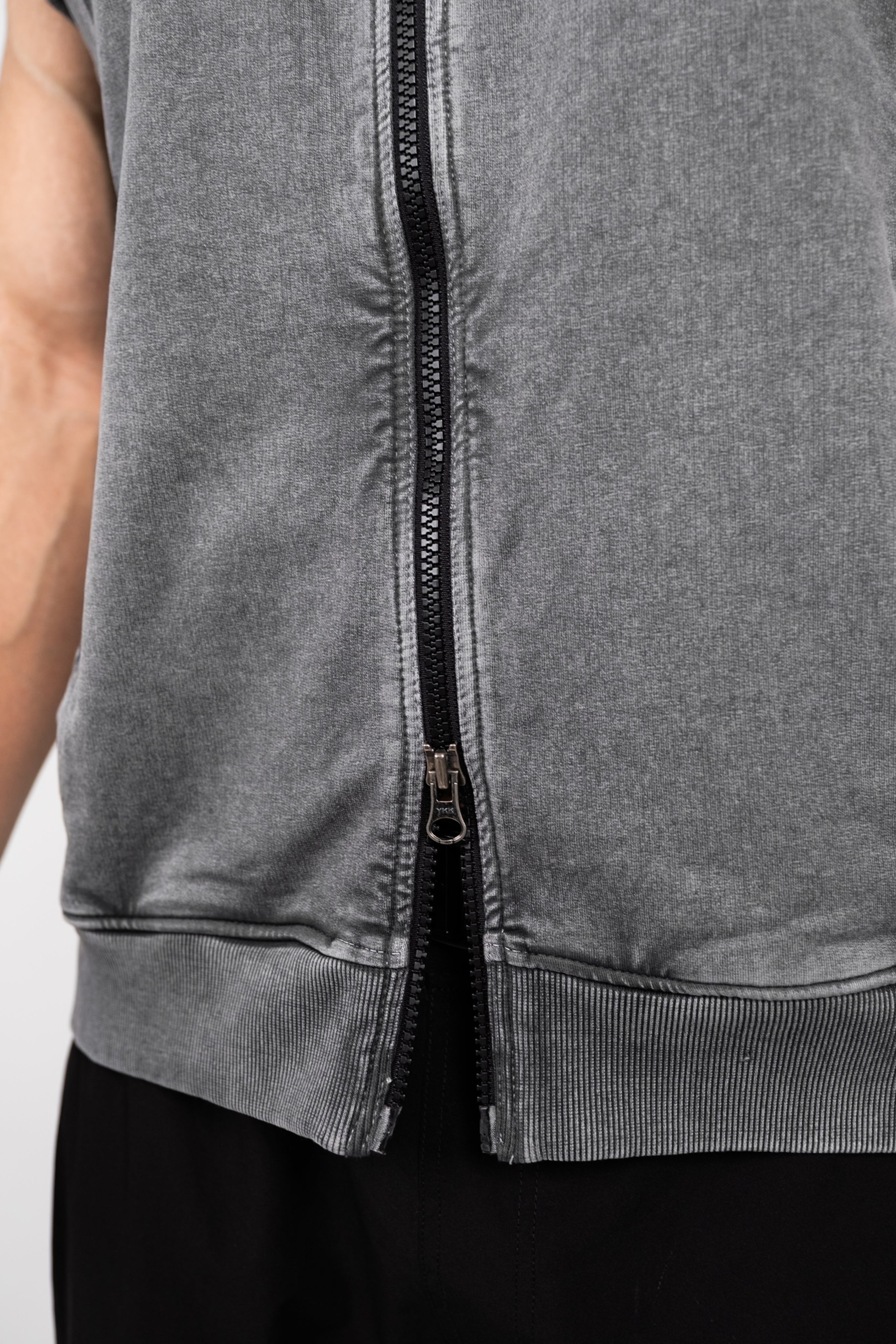 Muscle Up- Washed Sleeveless Zip Hoodie -Dark Grey