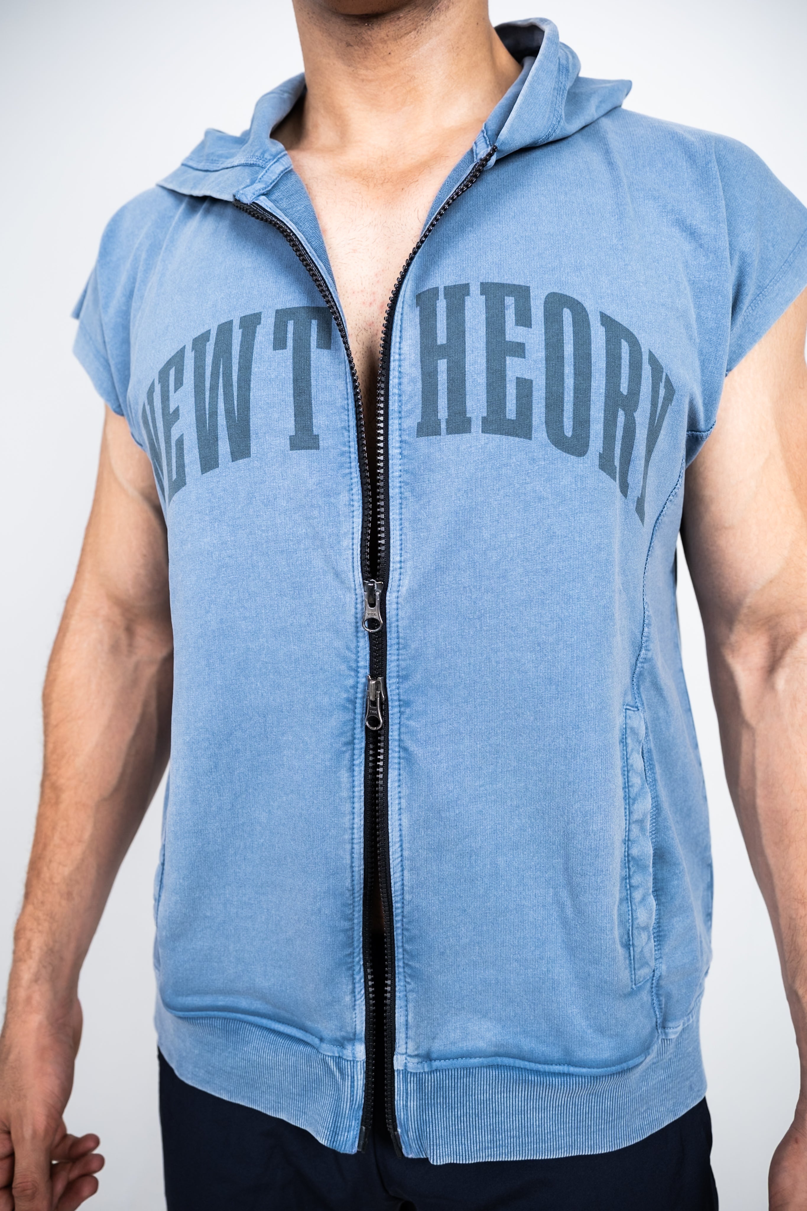 Muscle Up- Washed Sleeveless Zip Hoodie -Titanium Blue
