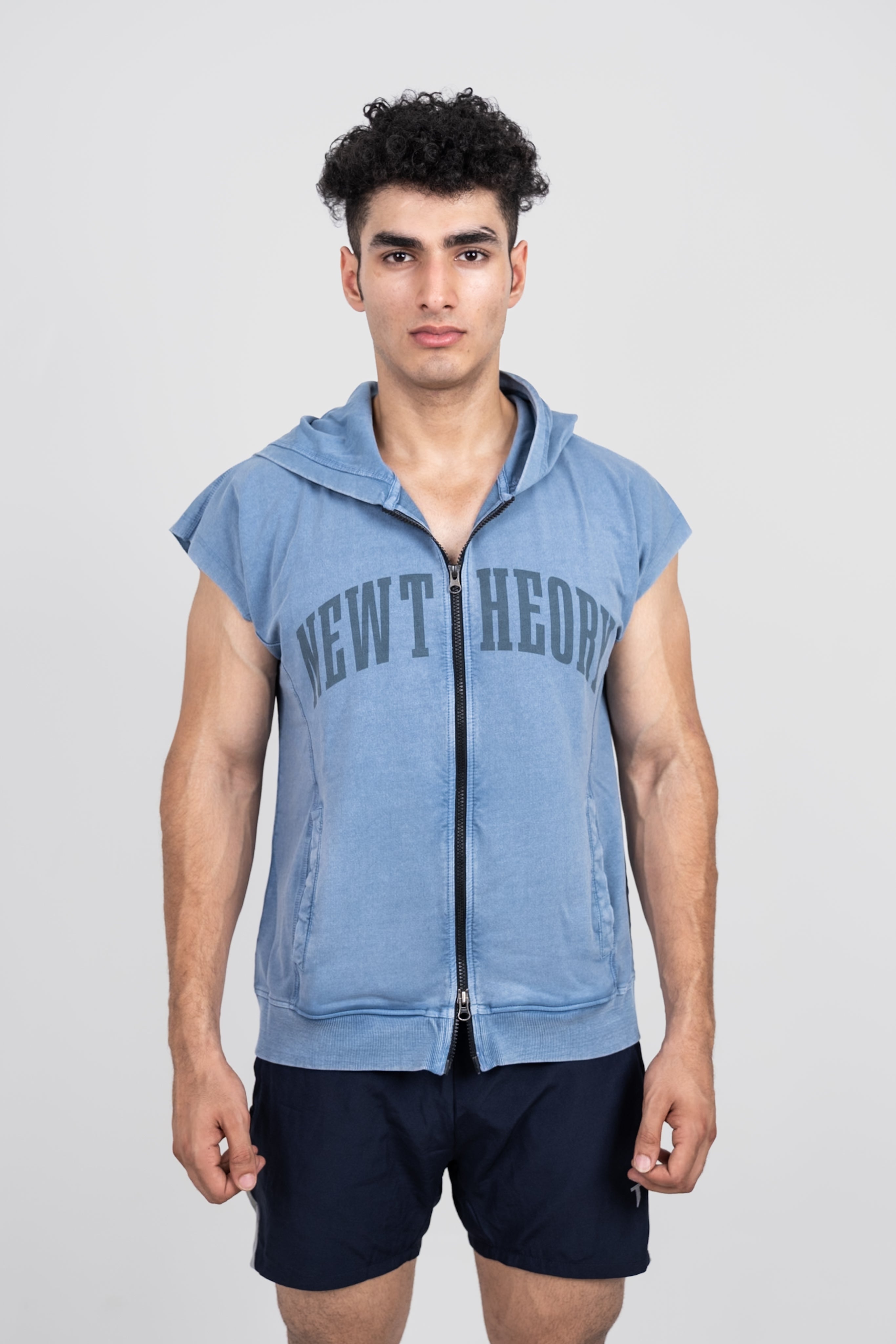 Muscle Up- Washed Sleeveless Zip Hoodie -Titanium Blue