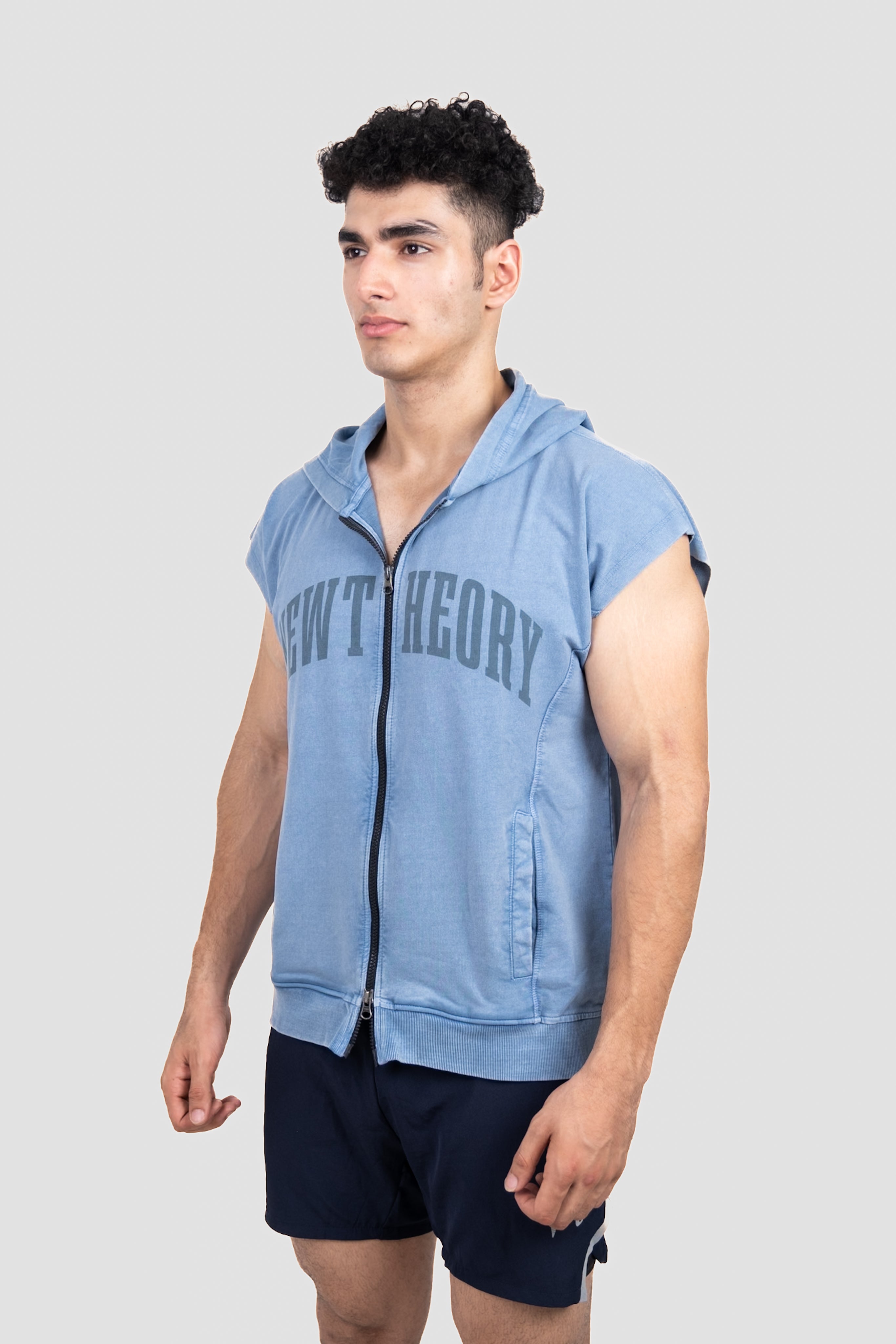 Muscle Up- Washed Sleeveless Zip Hoodie -Titanium Blue