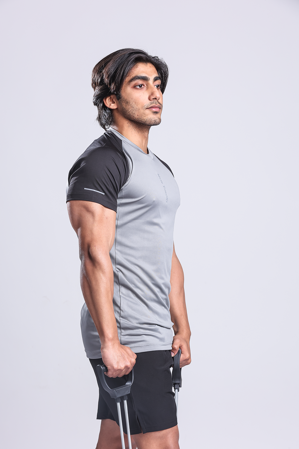 Active Two-tone T-shirt + Shorts set- Grey/Black & Black