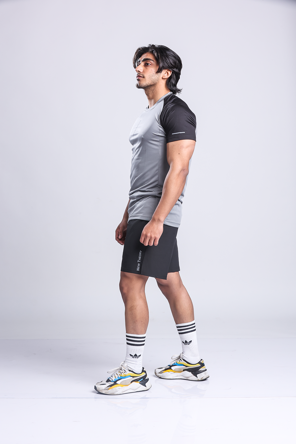 Active Two-tone T-shirt + Shorts set- Grey/Black & Black