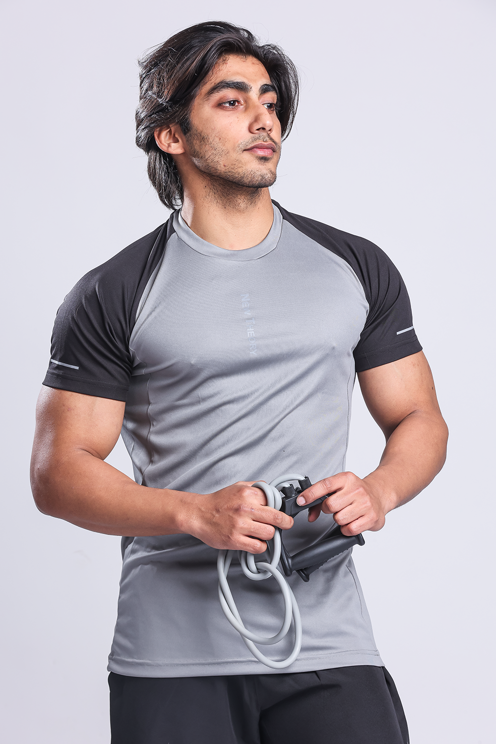 Active Two-tone T-shirt + Shorts set- Grey/Black & Black