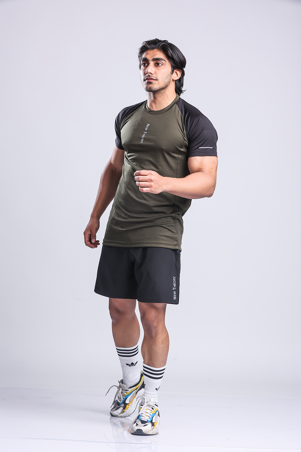 Active Two-tone T-shirt + Shorts set- Olive/Black & Black