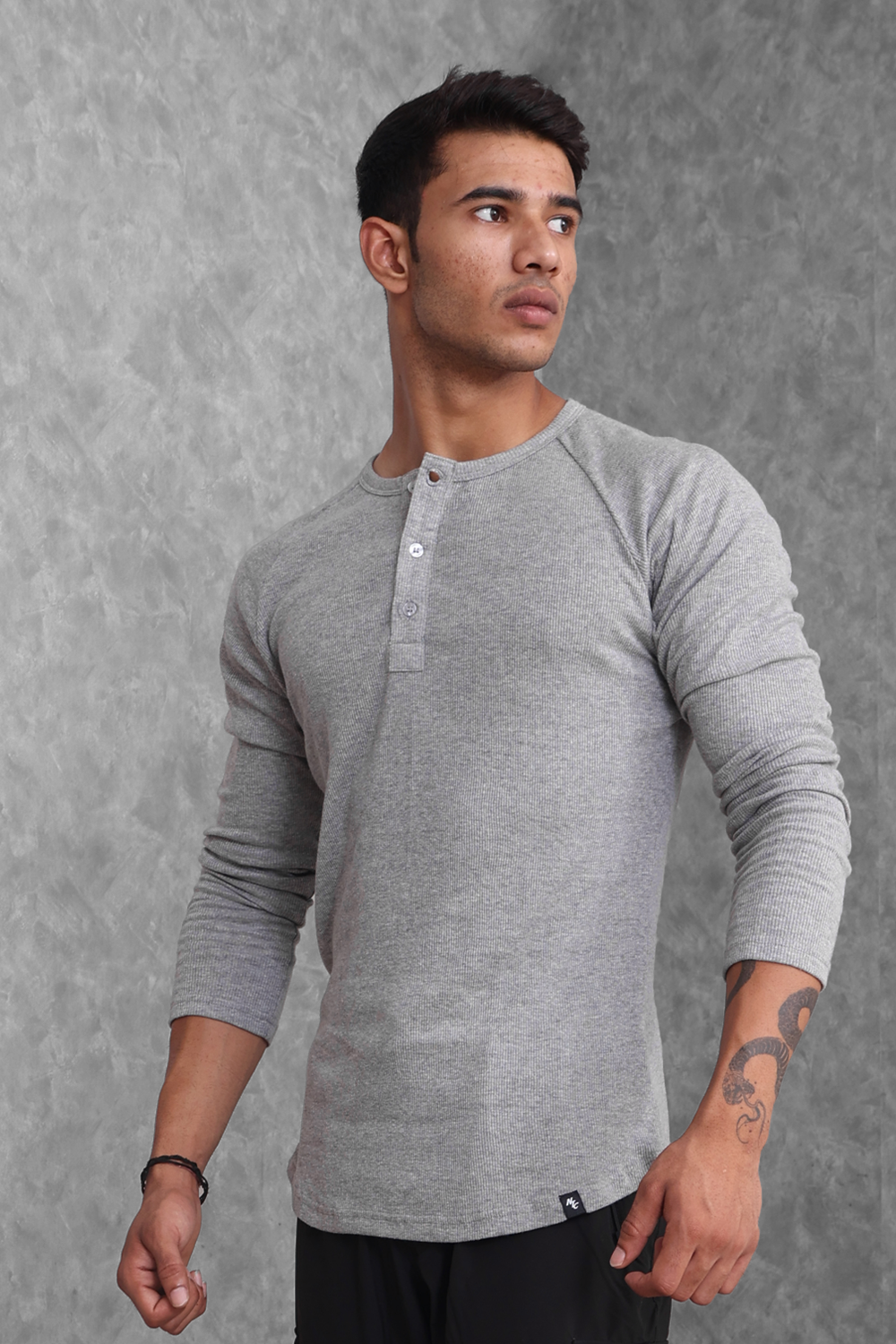Muscle Up- Ribbed Henley T-shirts - Grey