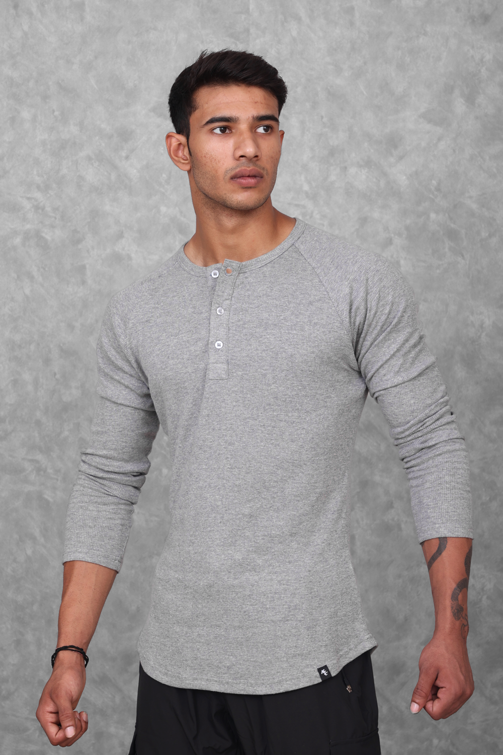 Muscle Up- Ribbed Henley T-shirts - Grey