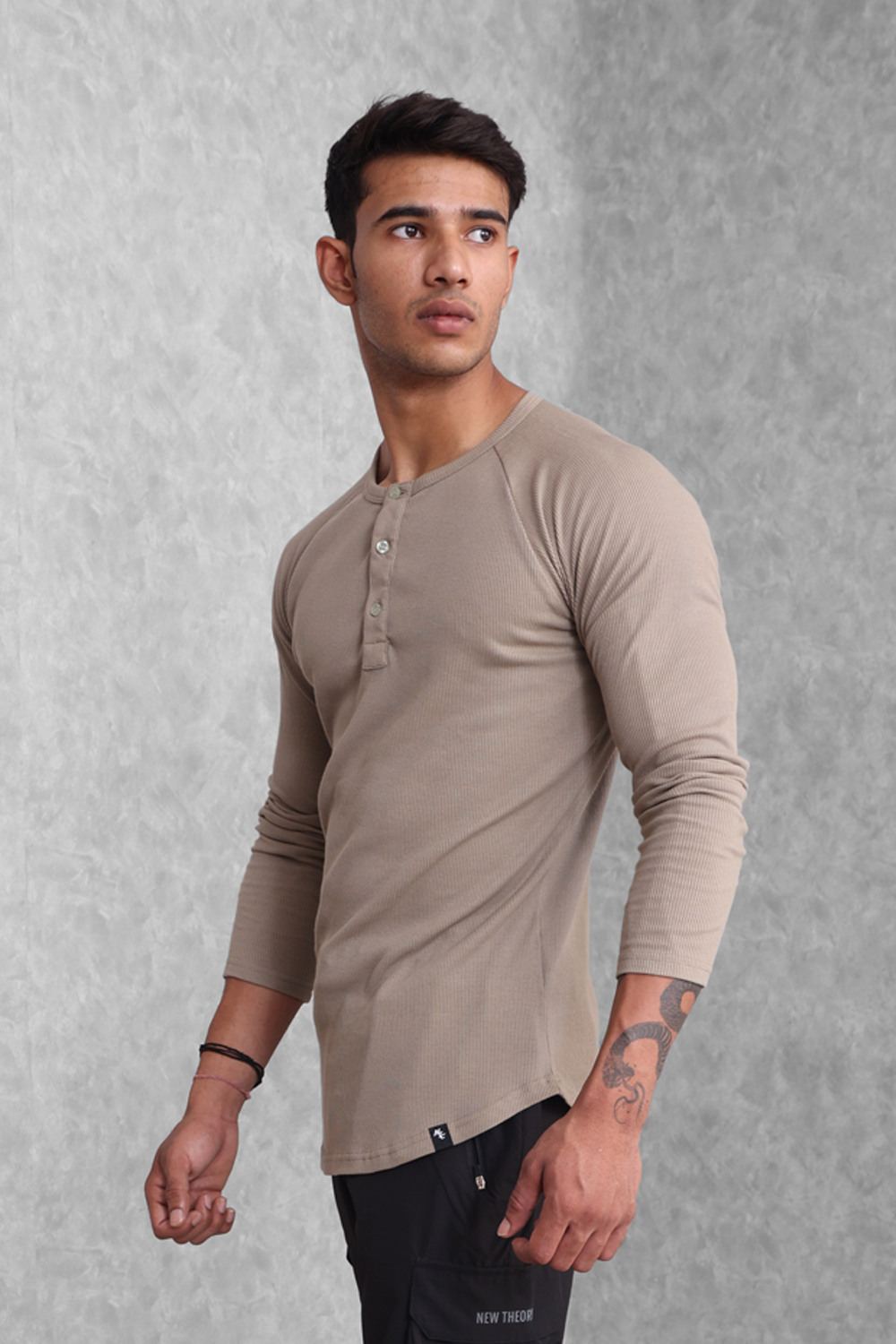 Muscle Up- Ribbed Henley T-shirts - Beige
