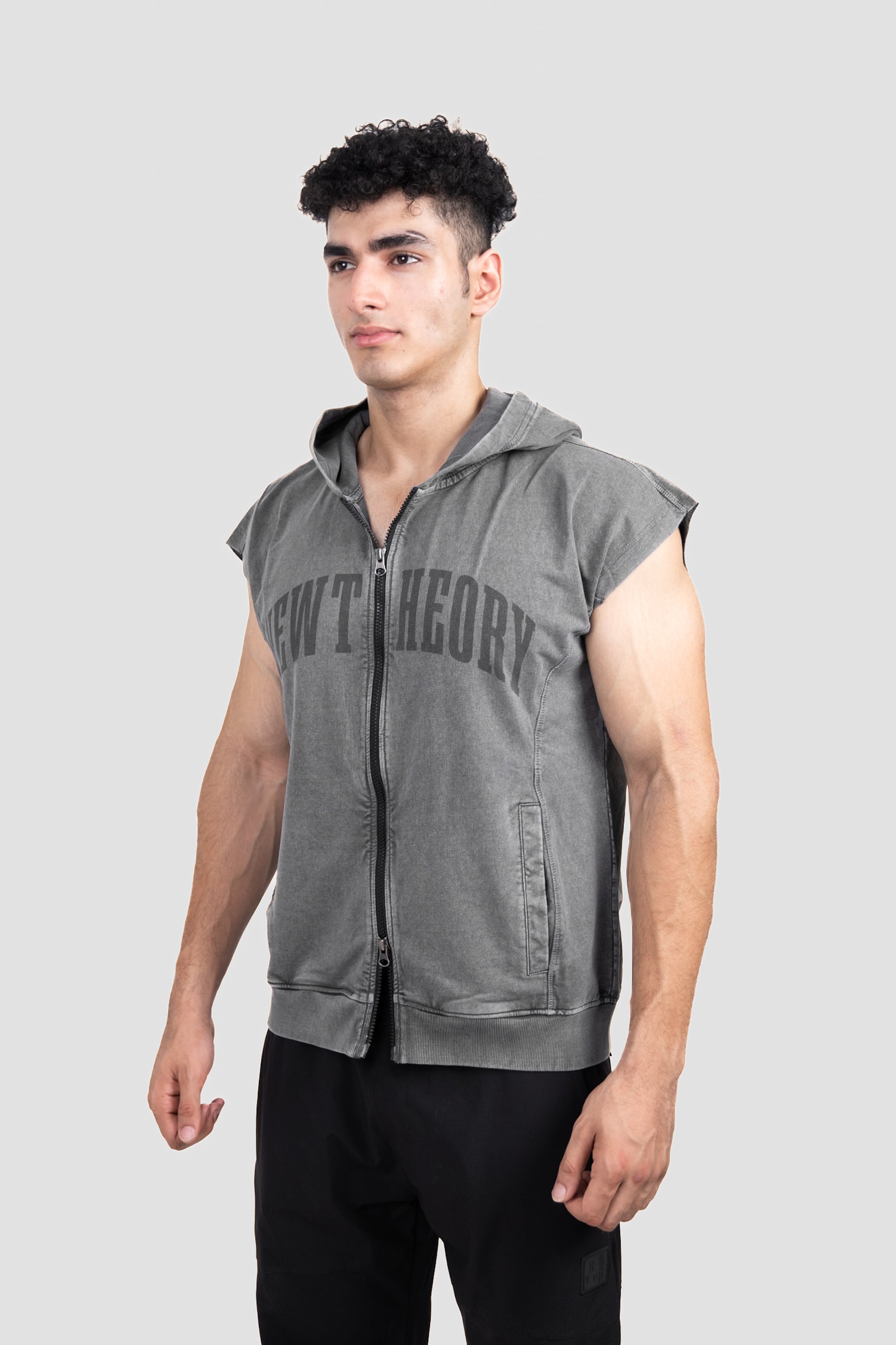 Muscle Up- Washed Sleeveless Zip Hoodie -Dark Grey