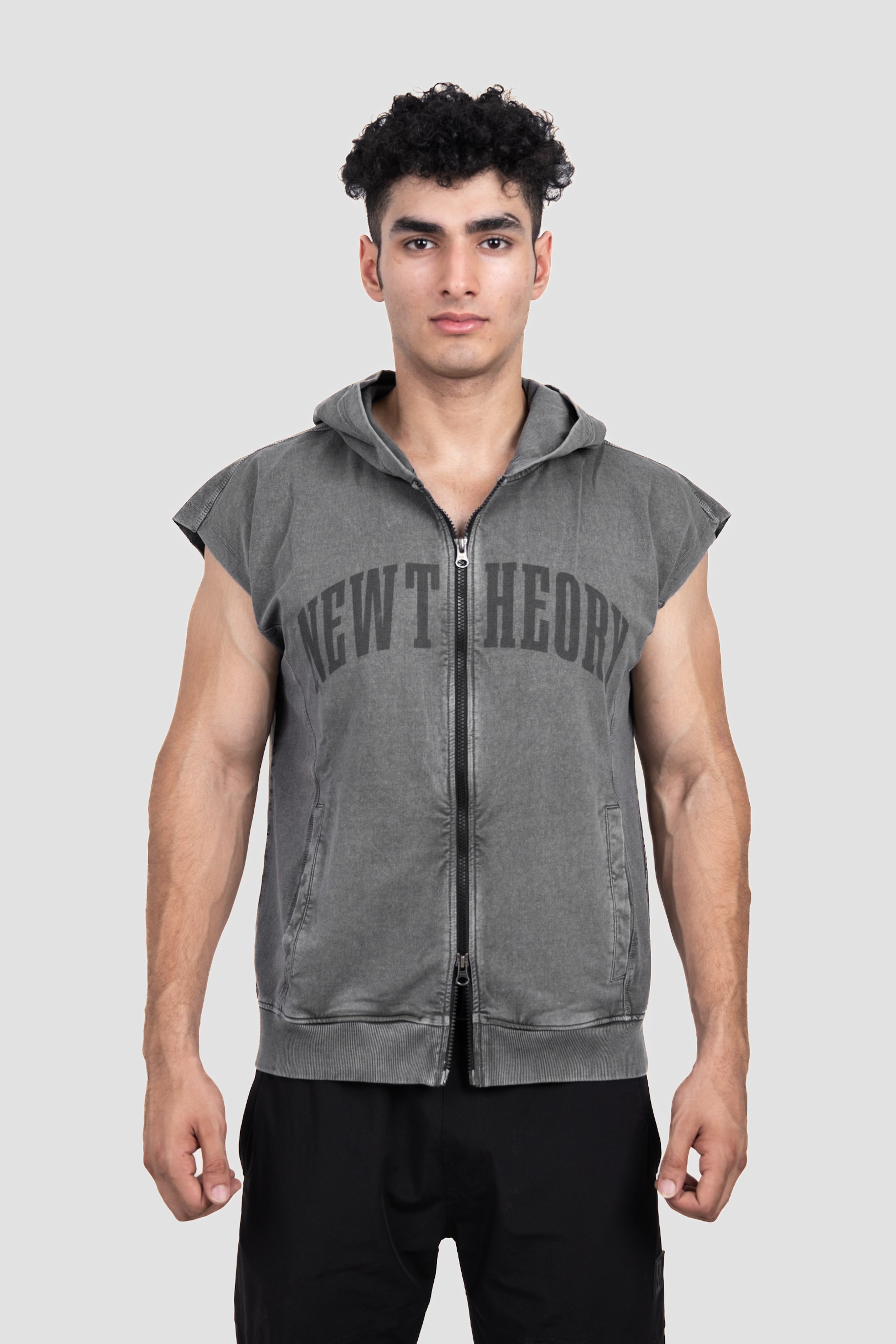 Muscle Up- Washed Sleeveless Zip Hoodie -Dark Grey