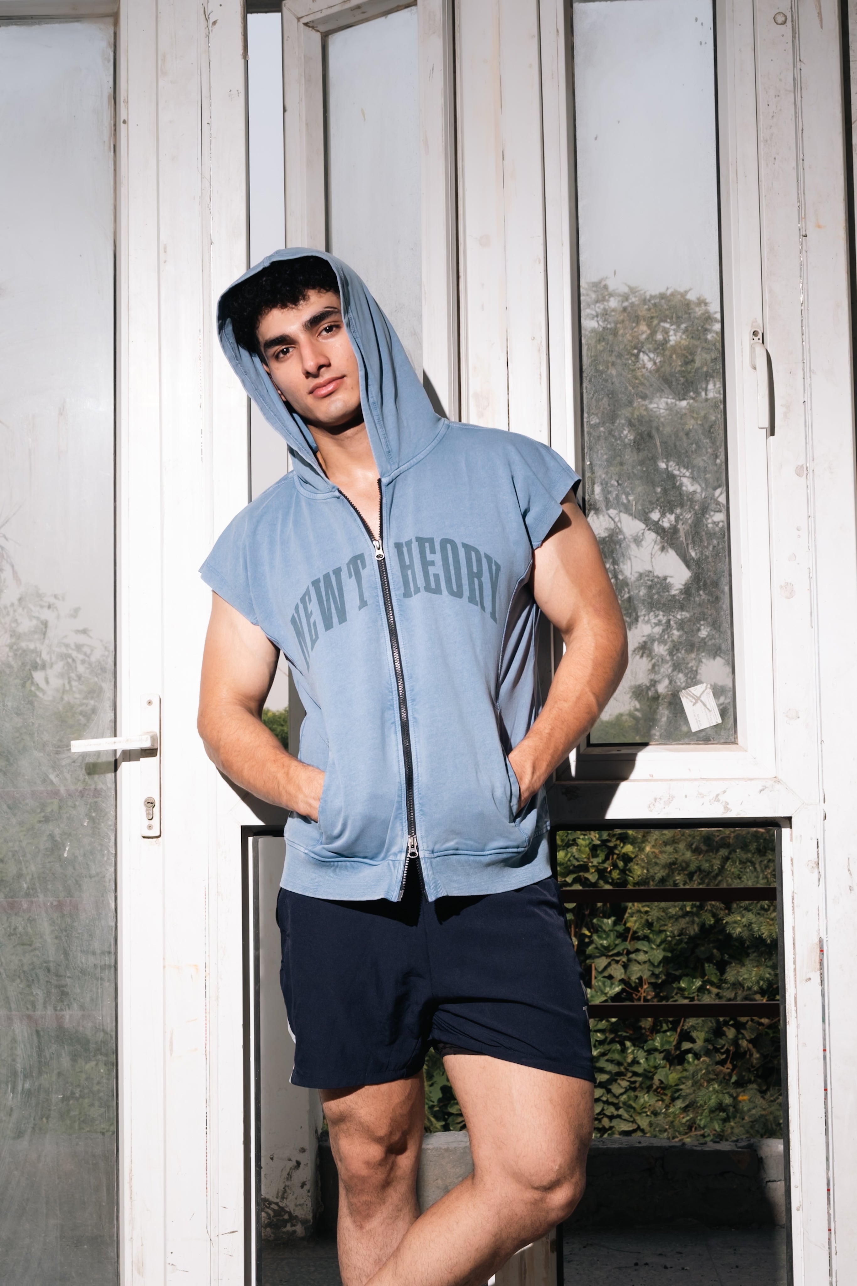 Carbon Wide Leg Pant & Washed Sleeveless Zip Hoodie Titanium Blue