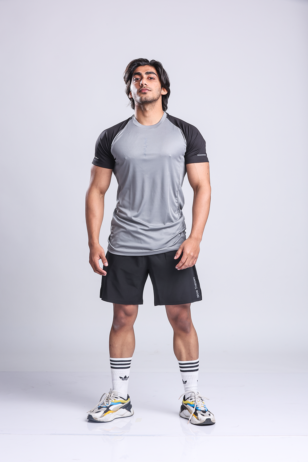 Active Two-tone T-shirt + Shorts set- Grey/Black & Black